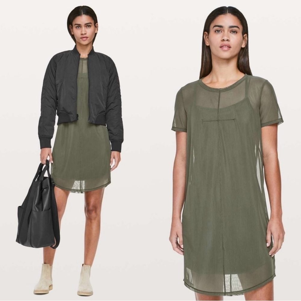 Lululemon ready to reach camo green mesh midi dress with slip. Size 8